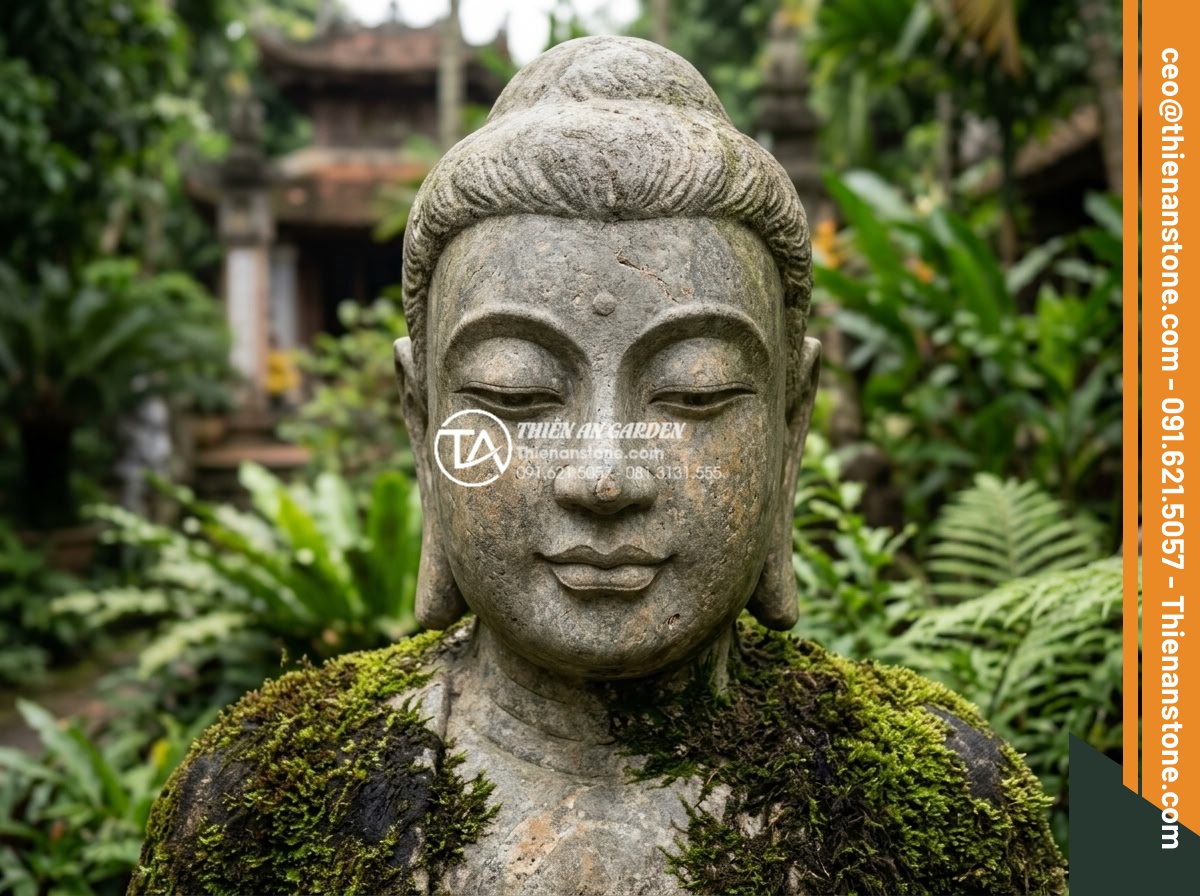 Tiểu Cảnh Tượng Phật - Hình 2 Tiểu Cảnh Tượng Phật - Close-up detail of a hand-carved natural stone Buddha face with visible stone gr