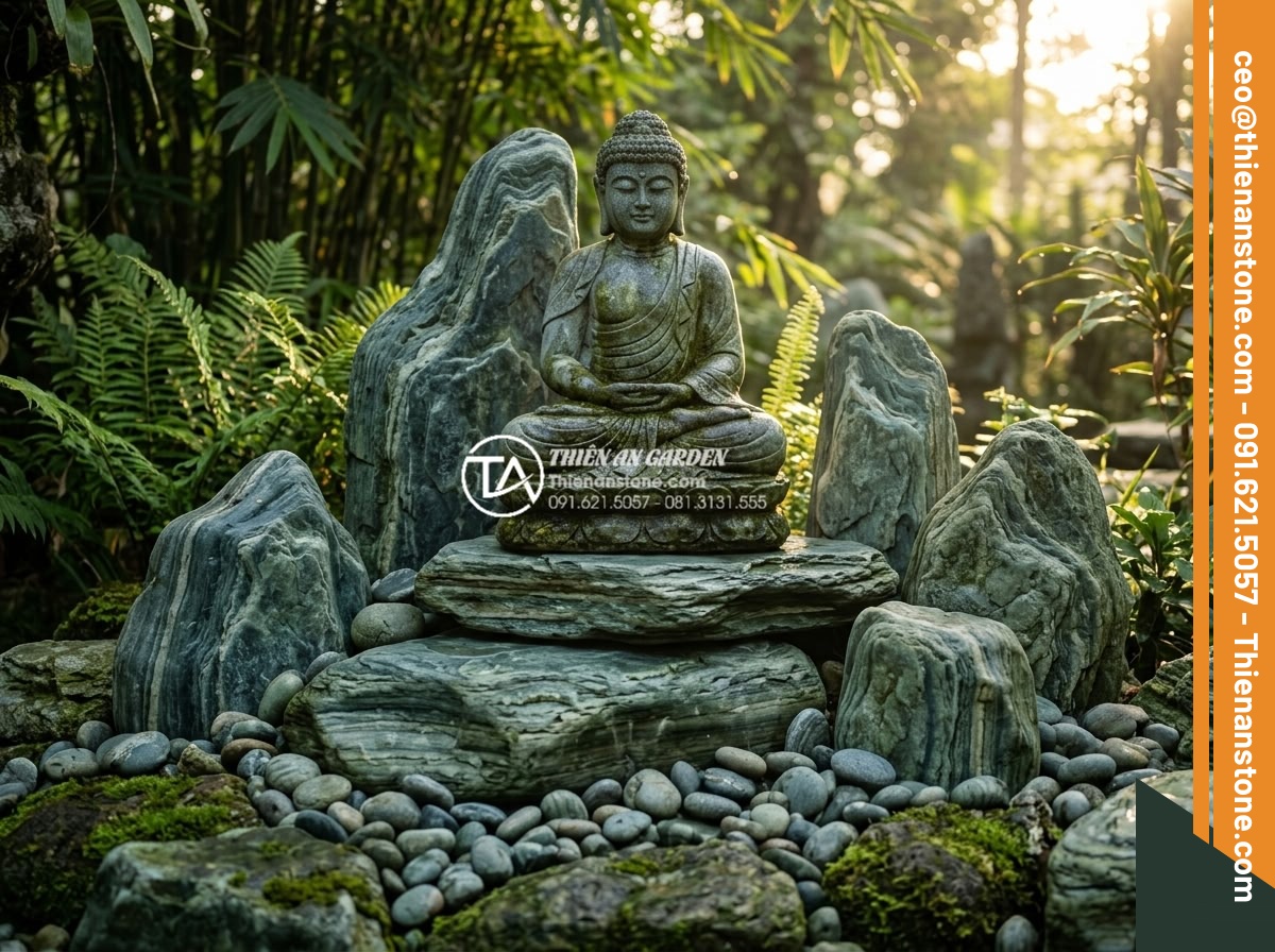 Tiểu Cảnh Tượng Phật - Hình 23 Tiểu Cảnh Tượng Phật - Buddha stone statue surrounded by carefully arranged natural landscape rocks, mo