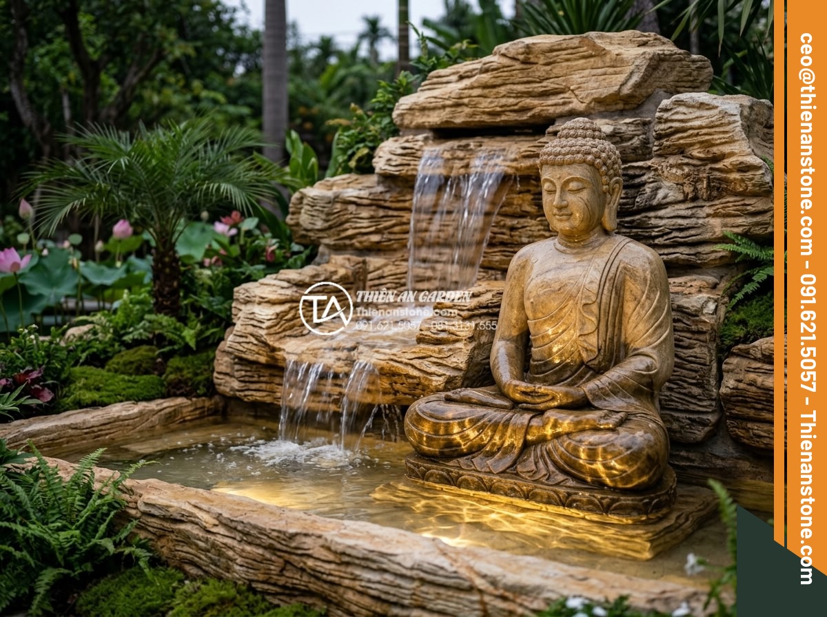 Tiểu Cảnh Tượng Phật - Hình 24 Tiểu Cảnh Tượng Phật - Buddha statue with small cascading water feature behind, water flowing over natu