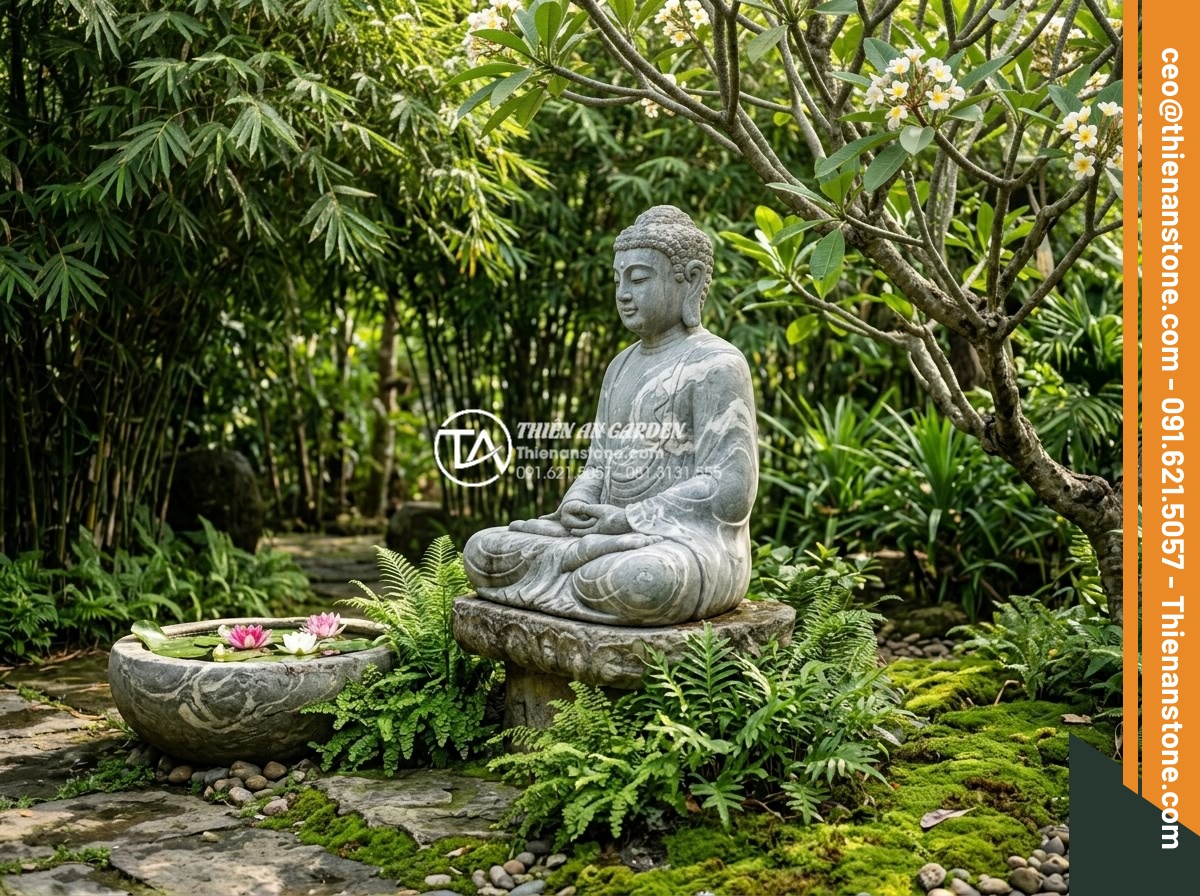 Tiểu Cảnh Tượng Phật - Hình 25 Tiểu Cảnh Tượng Phật - Buddha stone statue with perfectly composed plant layers - bamboo background, fr