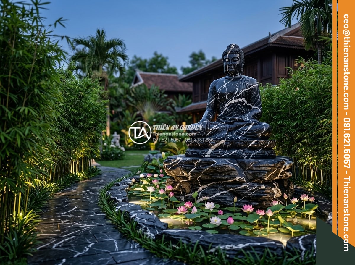 Tiểu Cảnh Tượng Phật - Hình 27 Tiểu Cảnh Tượng Phật - Grand Buddha garden in luxury Vietnamese villa, large stone Buddha on multi-laye
