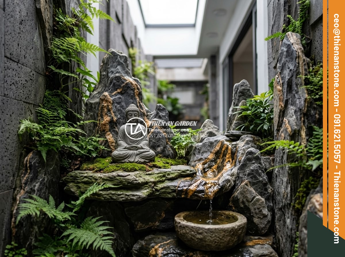 Tiểu Cảnh Tượng Phật - Hình 28 Tiểu Cảnh Tượng Phật - Compact Buddha garden vignette in Vietnamese townhouse light well, small stone B