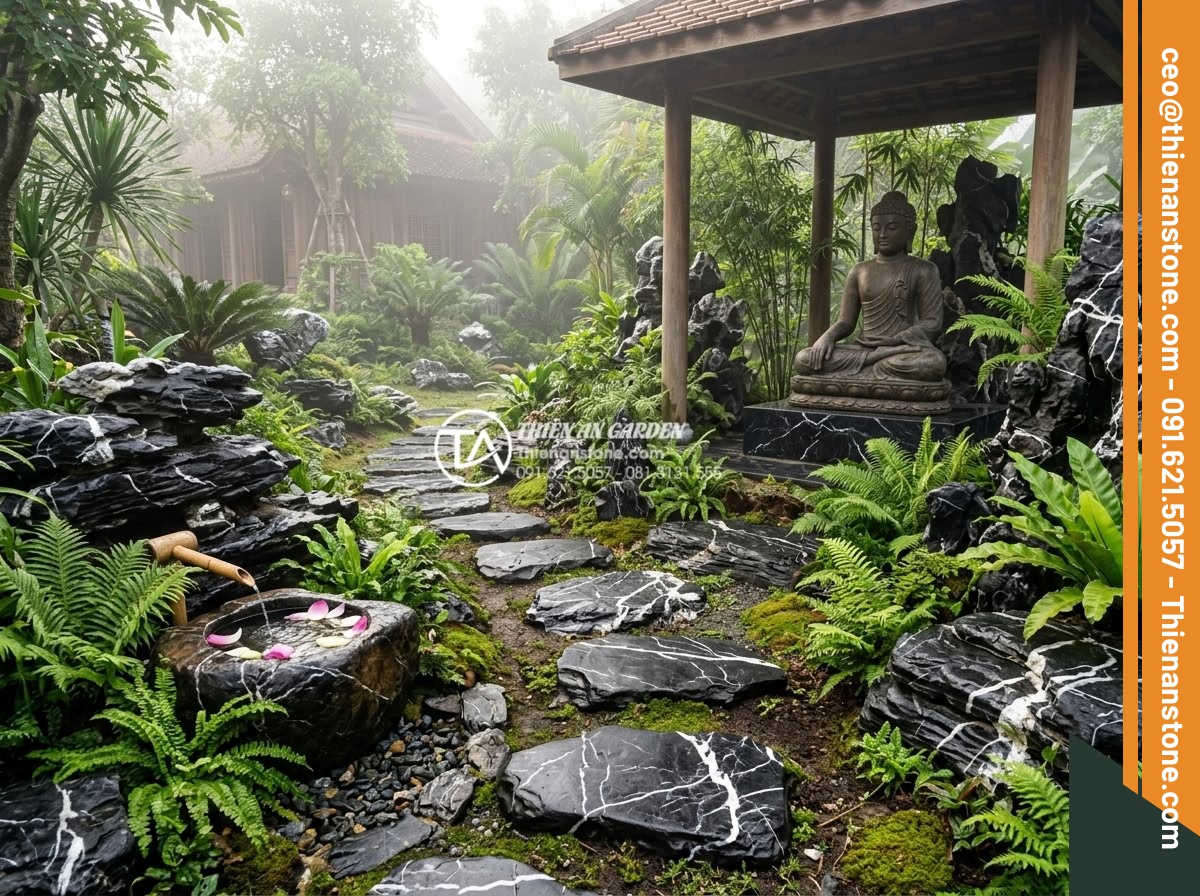 Tiểu Cảnh Tượng Phật - Hình 3 Tiểu Cảnh Tượng Phật - Wide angle view of a complete Buddha garden vignette with layered natural stones