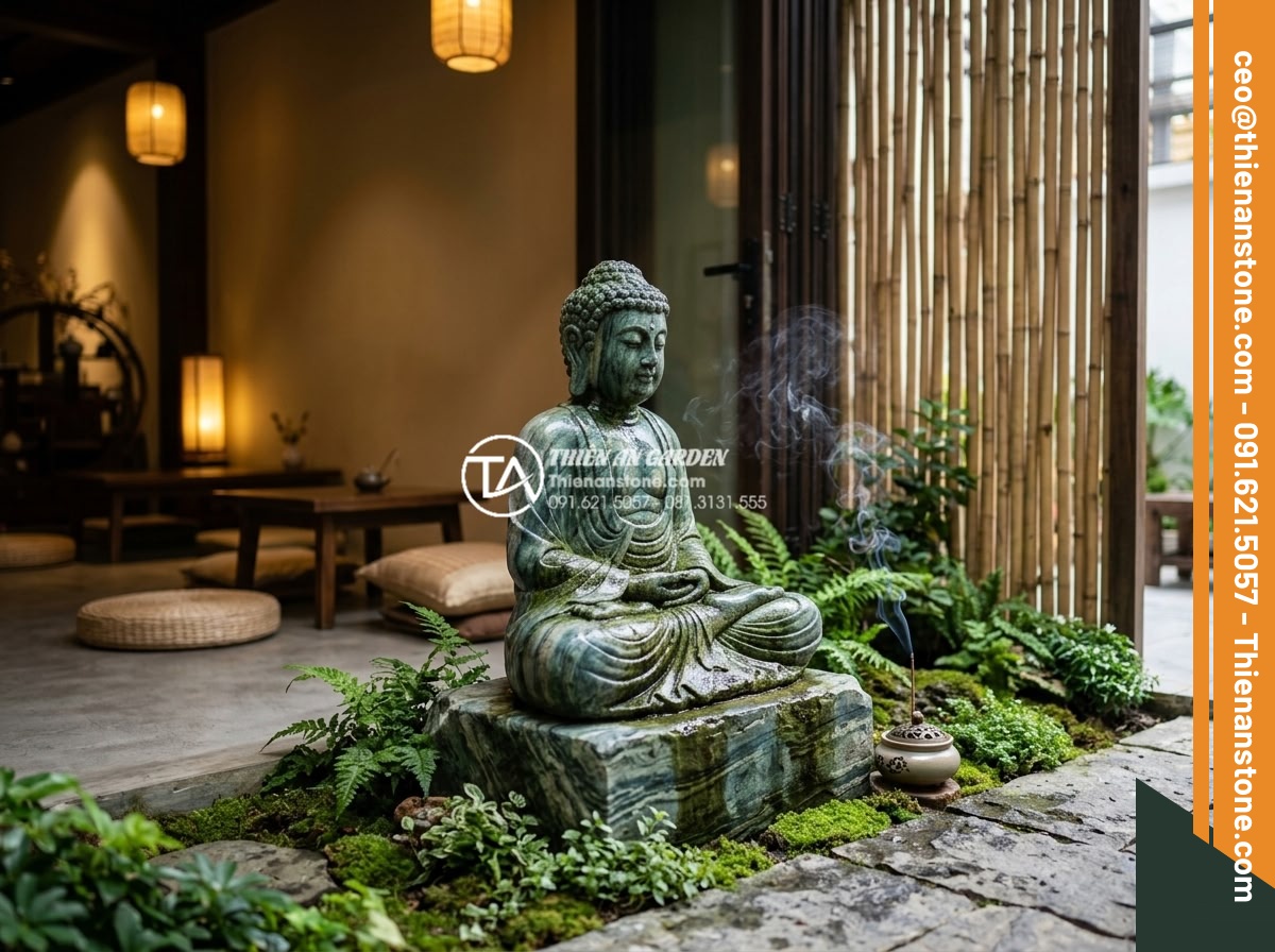 Tiểu Cảnh Tượng Phật - Hình 30 Tiểu Cảnh Tượng Phật - Zen cafe interior-exterior transition space with small Buddha garden, natural st