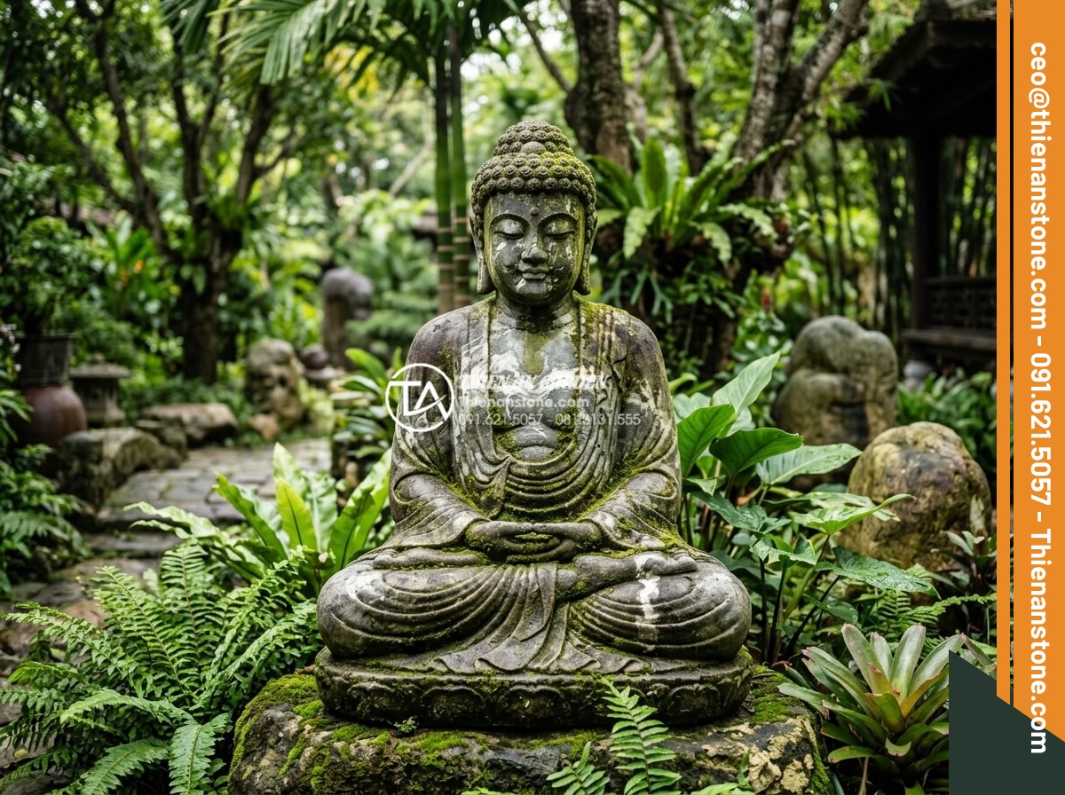 Tiểu Cảnh Tượng Phật - Hình 32 Tiểu Cảnh Tượng Phật - Weathered natural stone Buddha statue showing beautiful aging patina, moss growi
