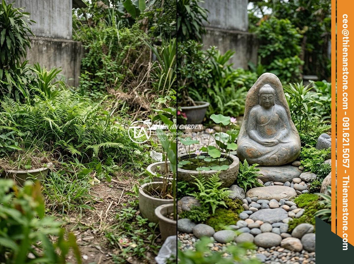 Tiểu Cảnh Tượng Phật - Hình 33 Tiểu Cảnh Tượng Phật - Before and after comparison concept of garden transformation with Buddha statue