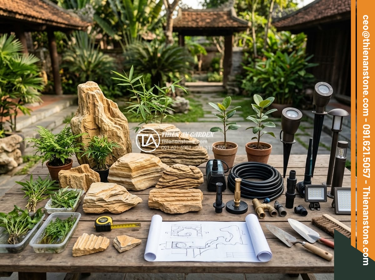 Tiểu Cảnh Tượng Phật - Hình 36 Tiểu Cảnh Tượng Phật - Detailed garden planning session with stone samples, plant options, water pump e