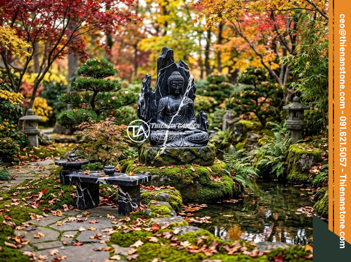 Tiểu Cảnh Tượng Phật - Hình 39 Tiểu Cảnh Tượng Phật - Well-maintained Buddha garden showing seasonal beauty, autumn leaves scattered a
