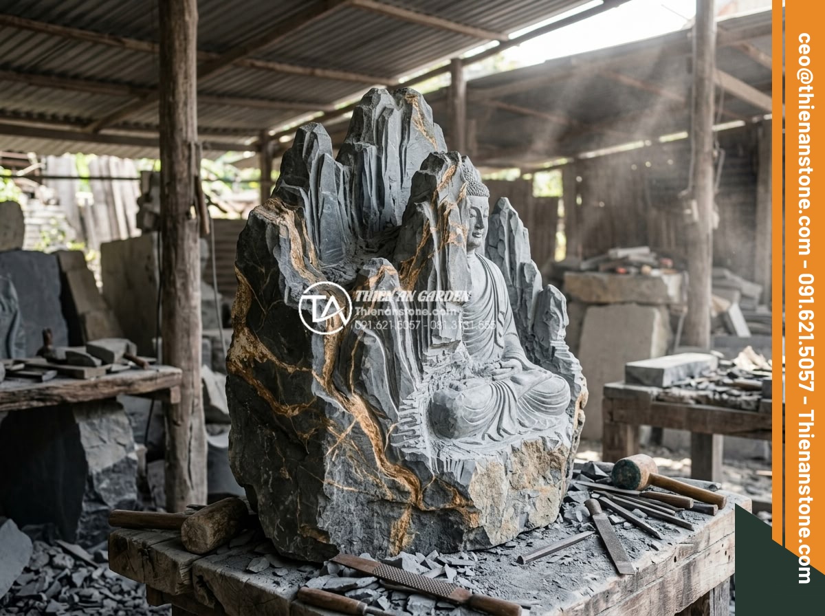 Tiểu Cảnh Tượng Phật - Hình 4 Tiểu Cảnh Tượng Phật - Master stone carver working on a Buddha statue from raw natural stone block, tra