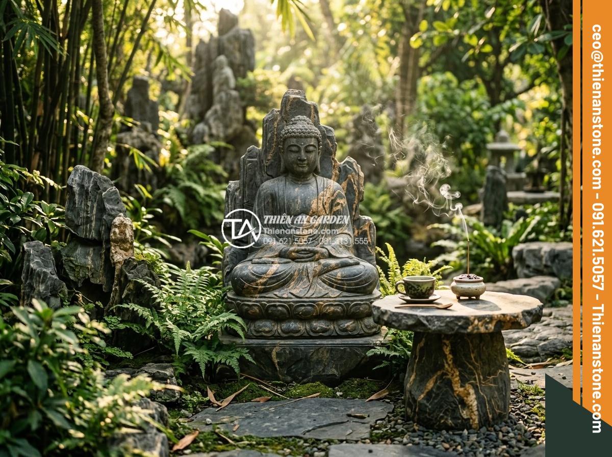 Tiểu Cảnh Tượng Phật - Hình 40 Tiểu Cảnh Tượng Phật - Peaceful morning routine in Buddha garden, incense smoke rising near stone statu