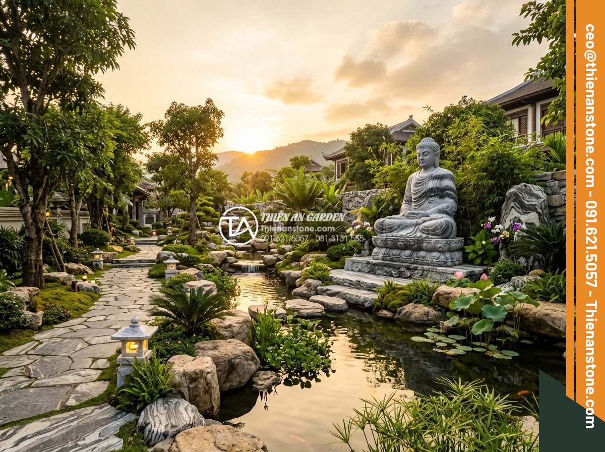 Tiểu Cảnh Tượng Phật - Hình 41 Tiểu Cảnh Tượng Phật - Final panoramic view of completed Buddha garden at golden hour, all elements per