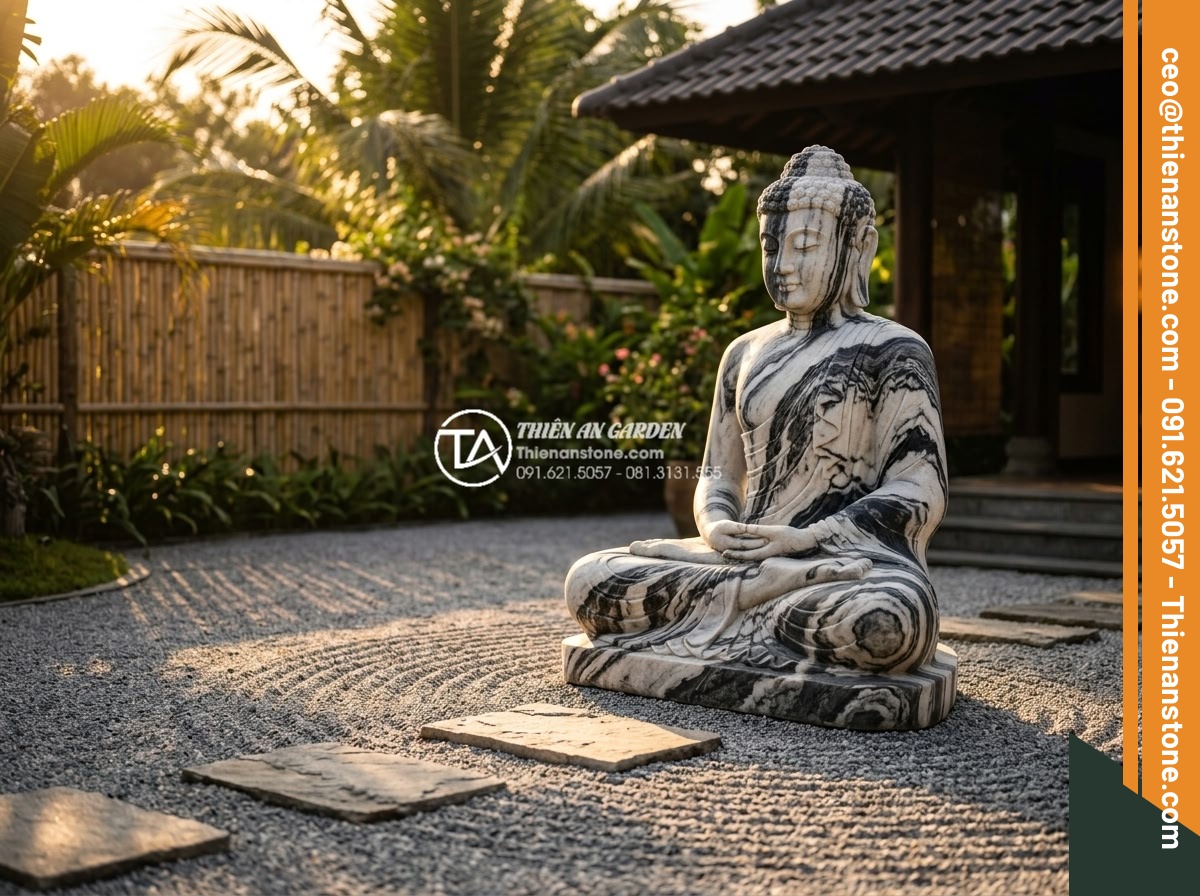 Tiểu Cảnh Tượng Phật - Hình 5 Tiểu Cảnh Tượng Phật - Natural stone Buddha statue at sunset in a Vietnamese luxury villa garden, warm