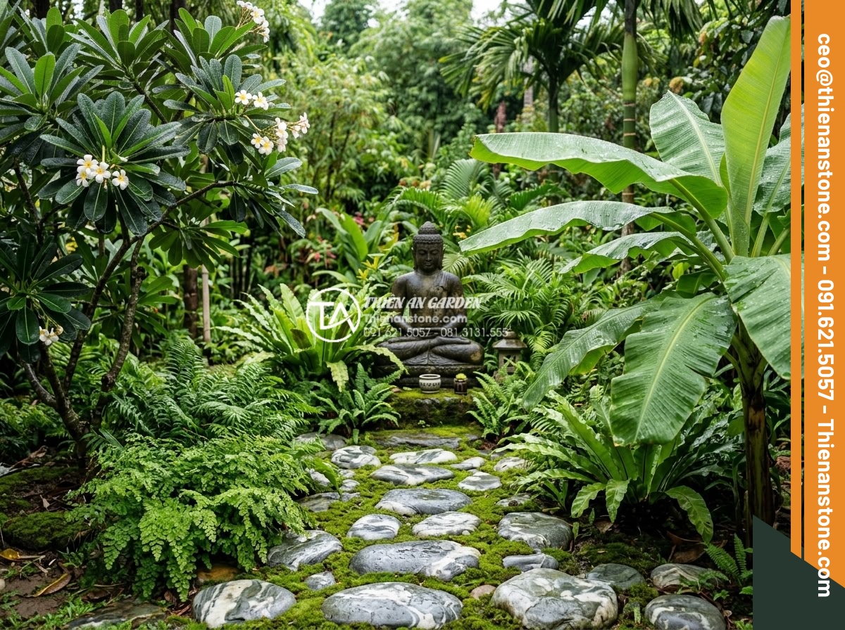 Tiểu Cảnh Tượng Phật - Hình 8 Tiểu Cảnh Tượng Phật - Tropical garden style Buddha statue surrounded by lush green ferns, plumeria tre