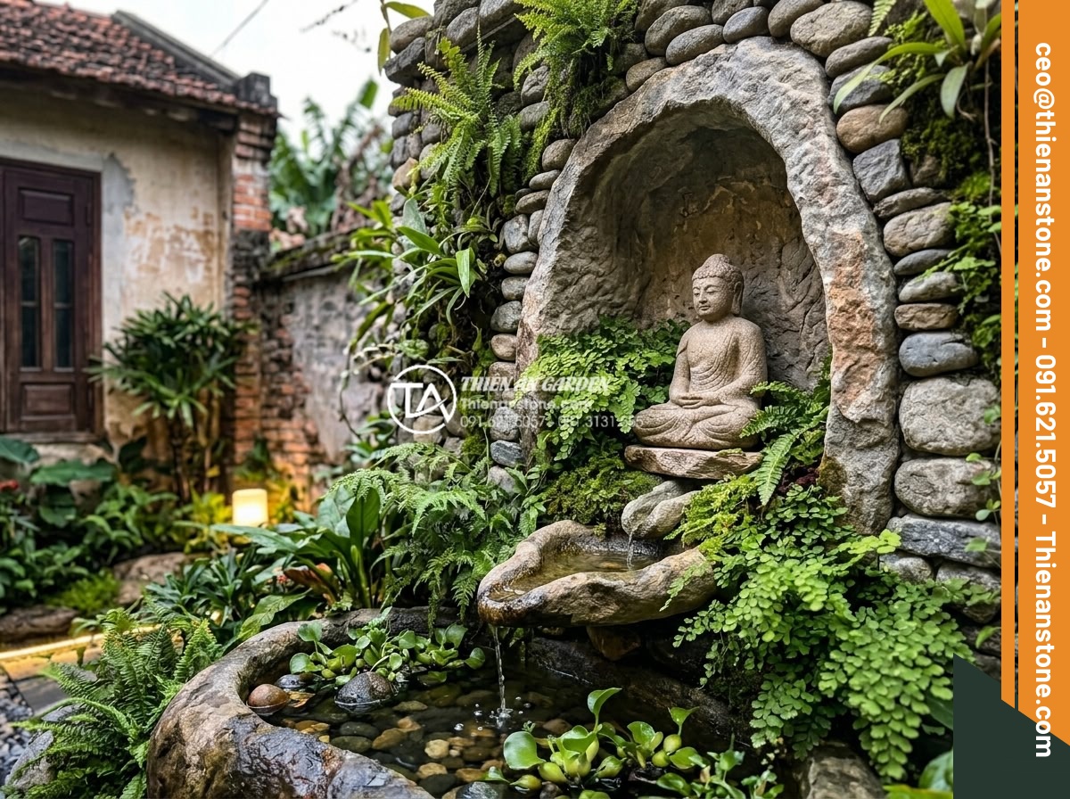 Tiểu Cảnh Tượng Phật - Hình 9 Tiểu Cảnh Tượng Phật - Wall-mounted Buddha niche garden design in Vietnamese townhouse, small Buddha st