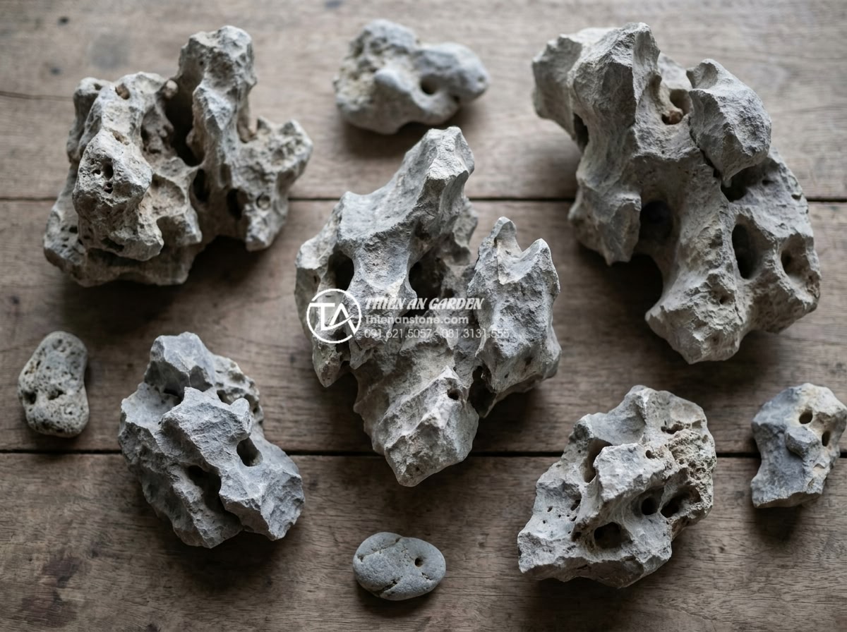 Tiểu Cảnh Vách Tường - Hình 12 Tiểu Cảnh Vách Tường - Flat lay arrangement of various natural stone types used for wall gardens - slat