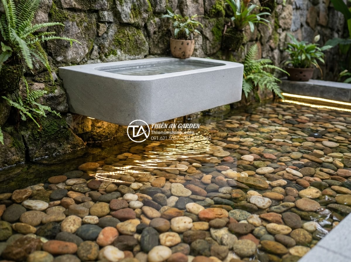 Tiểu Cảnh Vách Tường - Hình 13 Tiểu Cảnh Vách Tường - Beautiful river pebbles arranged in a wall-mounted water basin beneath a stone w