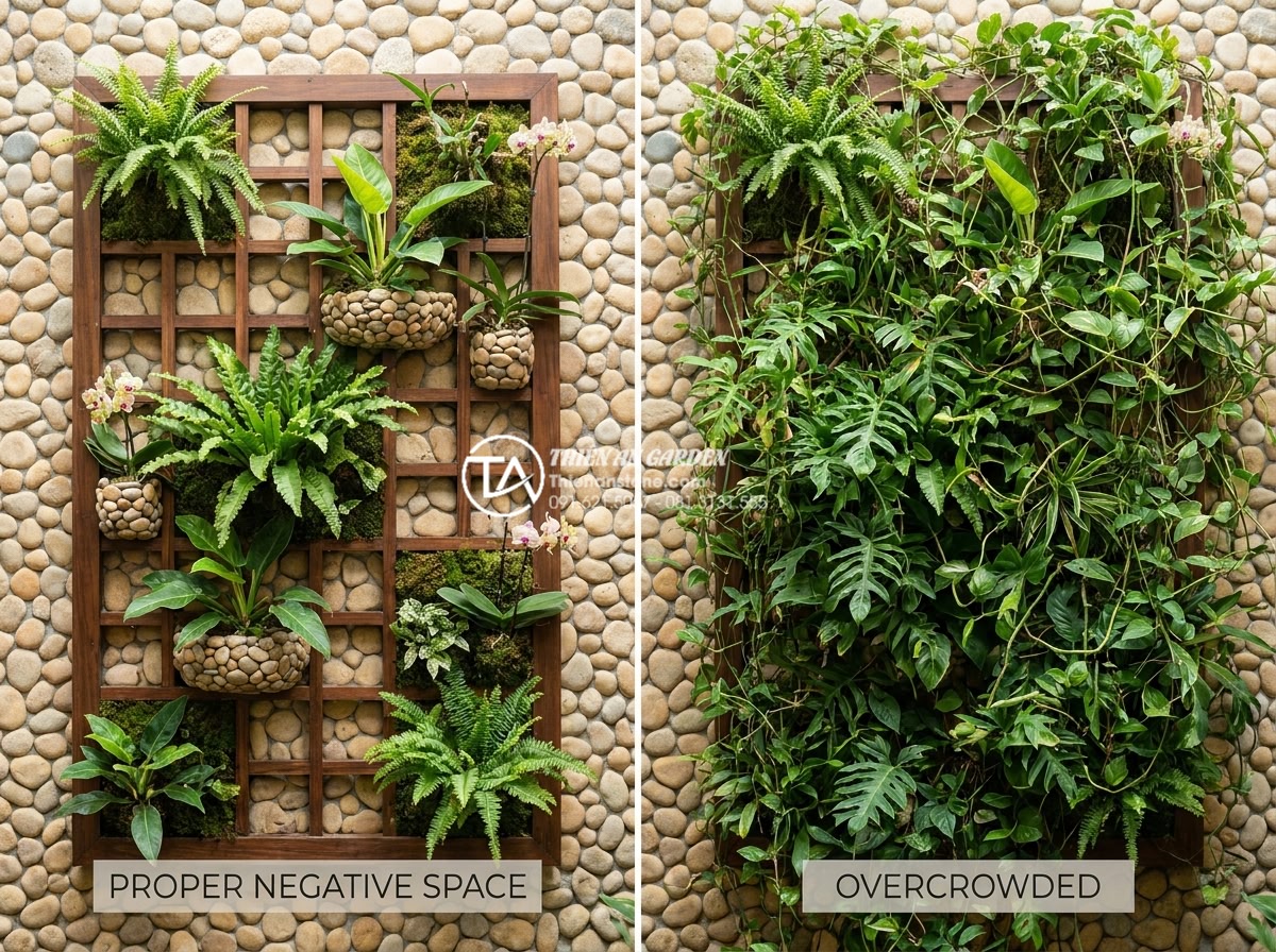 Tiểu Cảnh Vách Tường - Hình 17 Tiểu Cảnh Vách Tường - Side-by-side comparison of a wall garden with proper negative space versus an ov