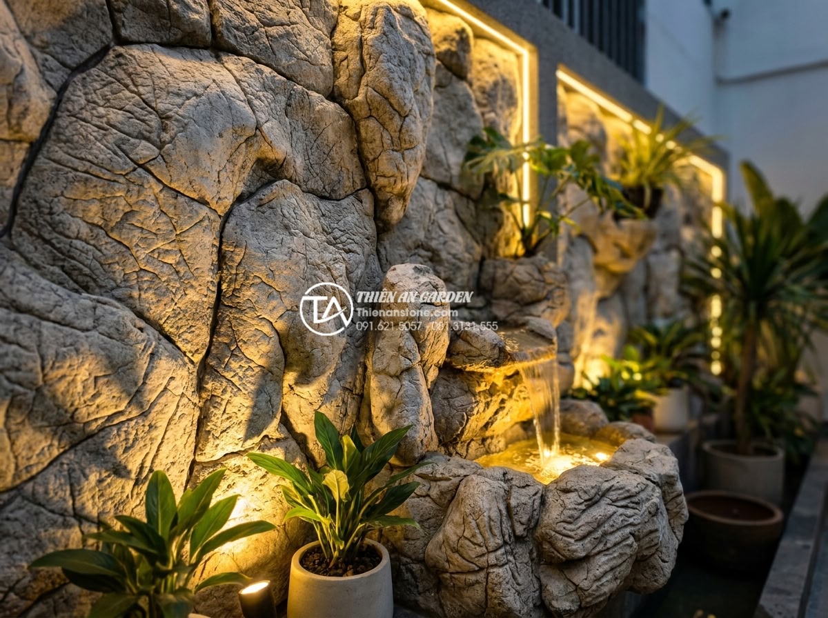 Tiểu Cảnh Vách Tường - Hình 18 Tiểu Cảnh Vách Tường - Dramatic evening photography of a wall-mounted stone garden illuminated by caref
