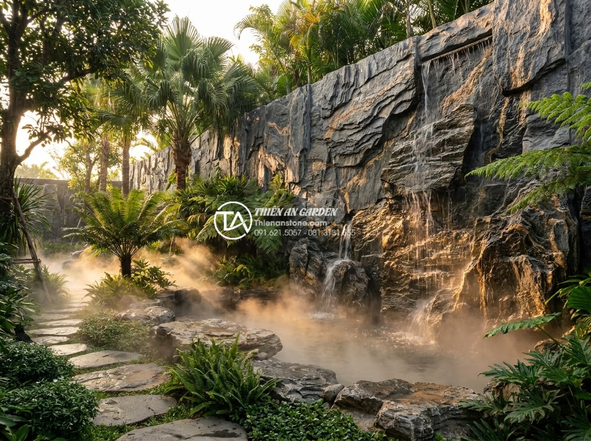 Tiểu Cảnh Vách Tường - Hình 20 Tiểu Cảnh Vách Tường - Luxury villa garden wall with an expansive stone waterfall feature spanning the