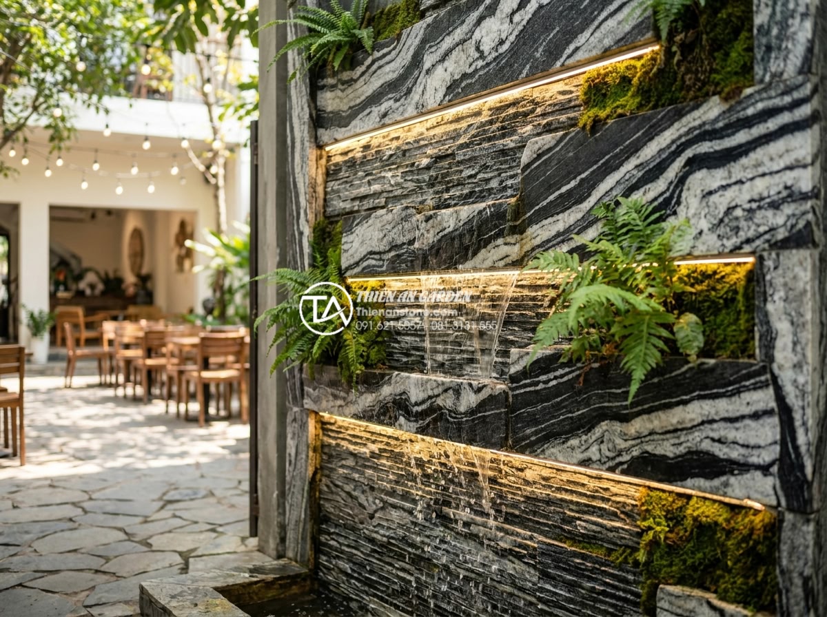 Tiểu Cảnh Vách Tường - Hình 21 Tiểu Cảnh Vách Tường - Stunning wall-mounted stone garden at the entrance of a trendy Vietnamese cafe,