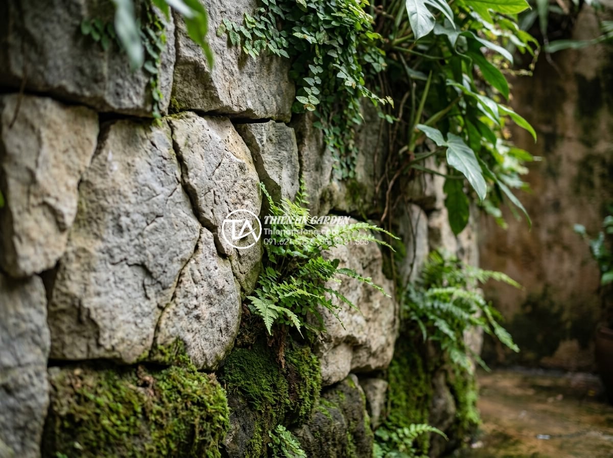 Tiểu Cảnh Vách Tường - Hình 25 Tiểu Cảnh Vách Tường - Lush wall garden showing layered planting technique - moss at base of stones, sm
