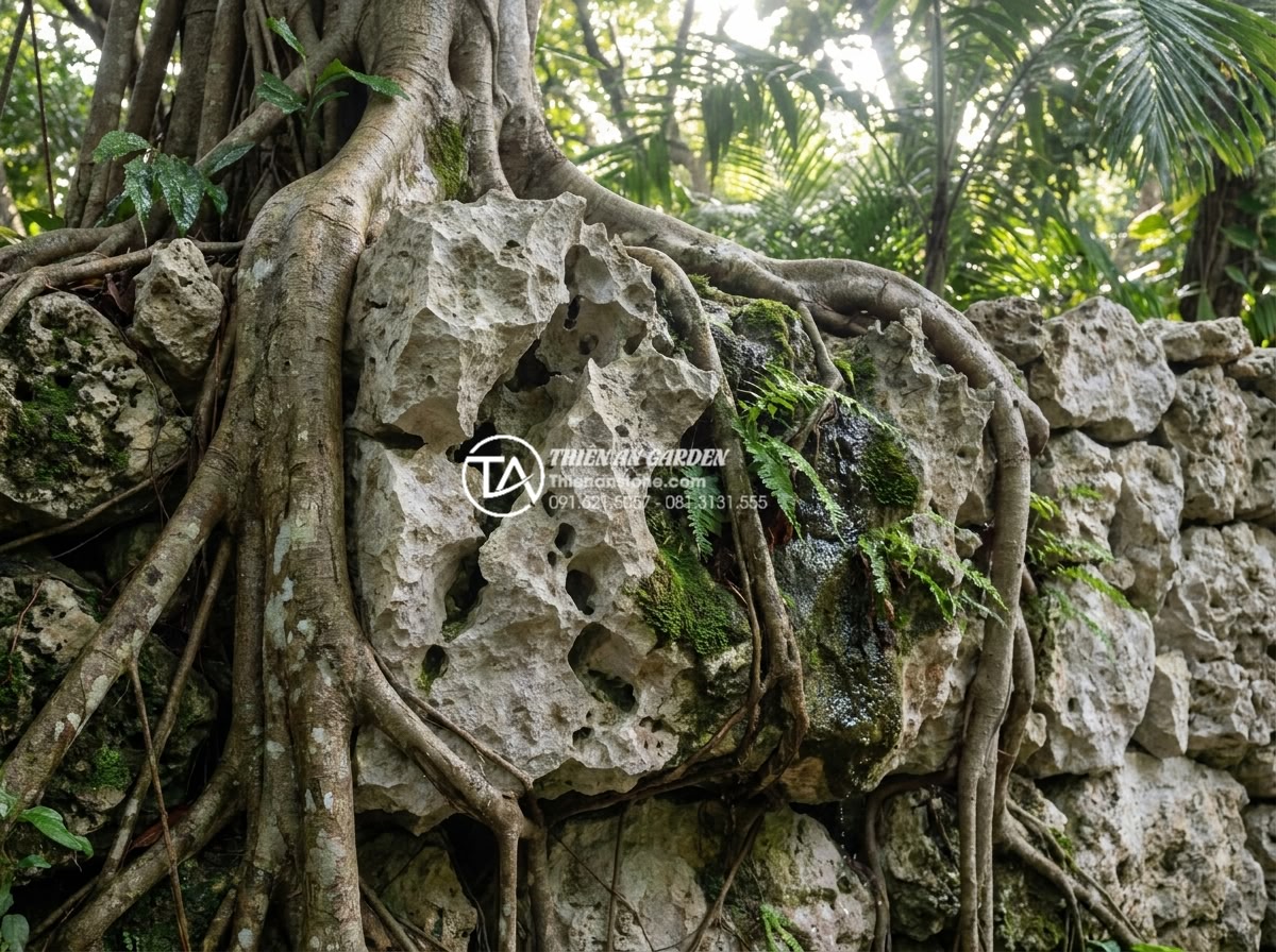 Tiểu Cảnh Vách Tường - Hình 26 Tiểu Cảnh Vách Tường - Artistic close-up of tree roots embracing natural stone in a wall garden setting