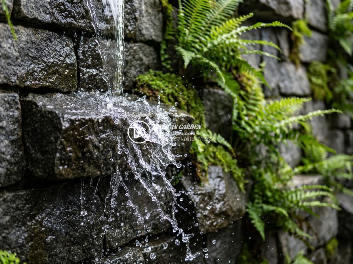 Tiểu Cảnh Vách Tường - Hình 28 Tiểu Cảnh Vách Tường - Crystal clear water cascading over textured natural stones on a wall garden, sho