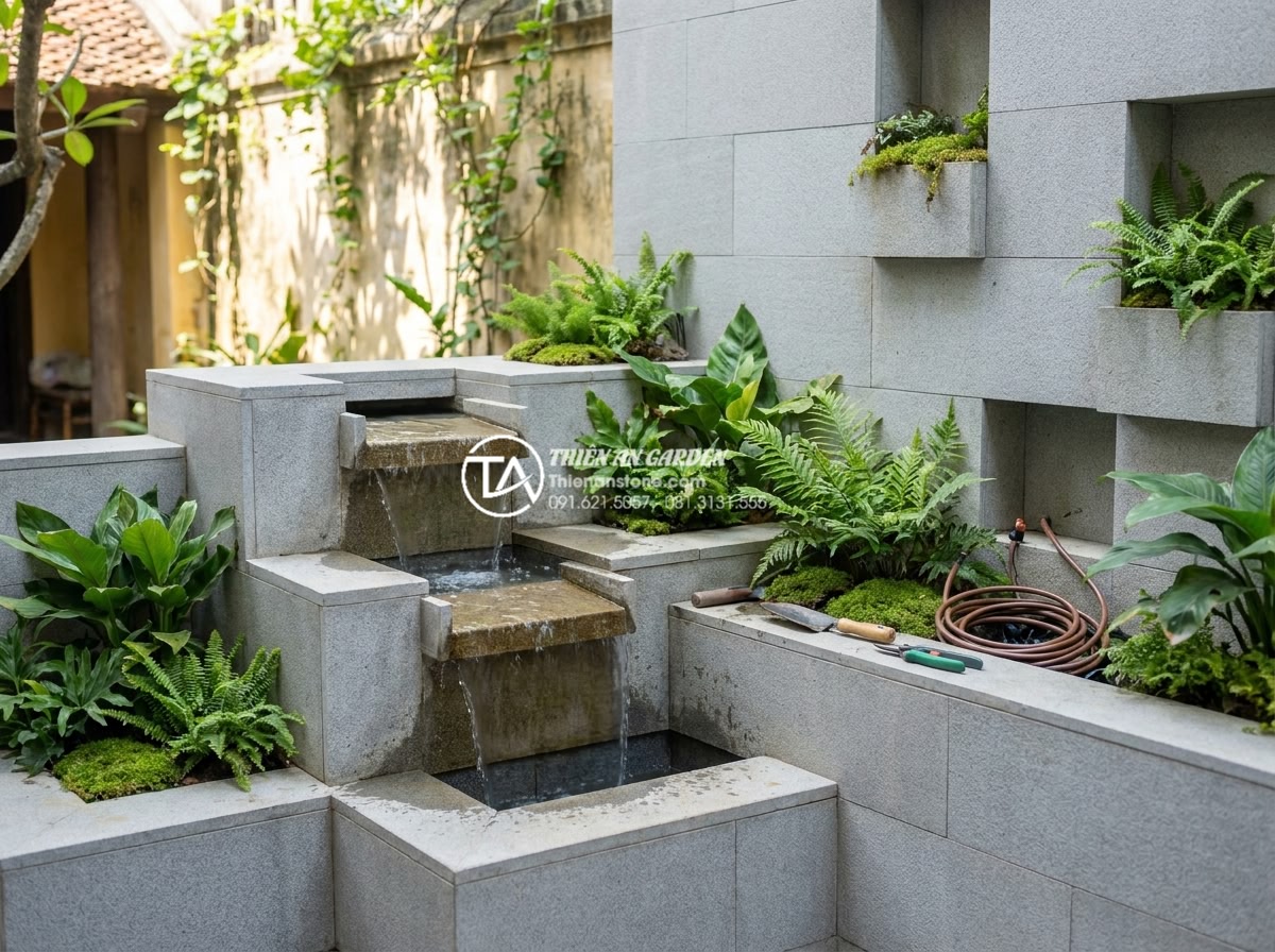 Tiểu Cảnh Vách Tường - Hình 31 Tiểu Cảnh Vách Tường - Completed wall garden being fine-tuned with final plant placement and water flow