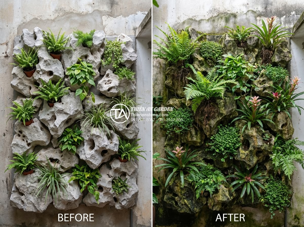 Tiểu Cảnh Vách Tường - Hình 33 Tiểu Cảnh Vách Tường - Before and after comparison of a wall garden - freshly installed versus two year