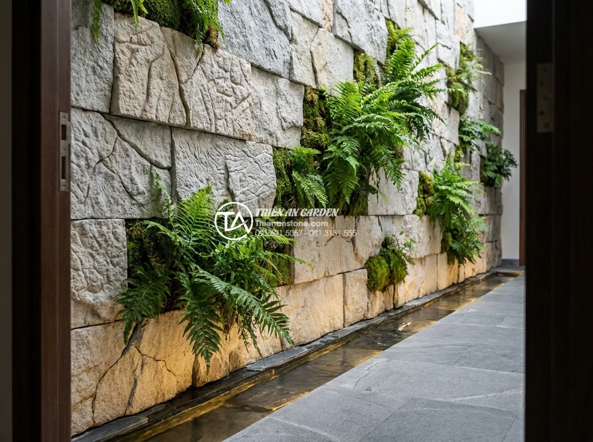 Tiểu Cảnh Vách Tường - Hình 4 Tiểu Cảnh Vách Tường - Professional interior design photography of a vertical stone wall garden feature