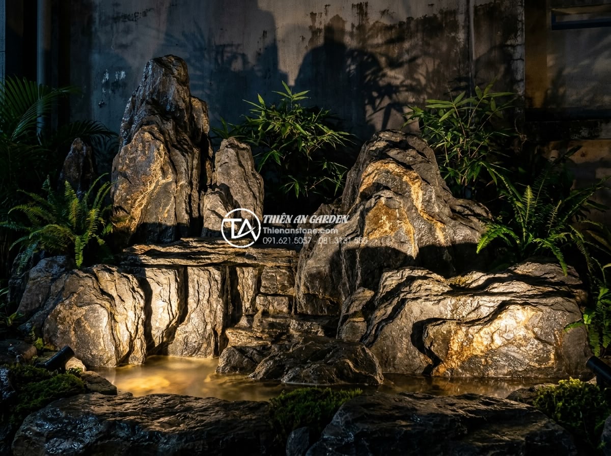 Tiểu Cảnh Vách Tường - Hình 6 Tiểu Cảnh Vách Tường - Night photography of an illuminated wall-mounted stone garden miniature with LED