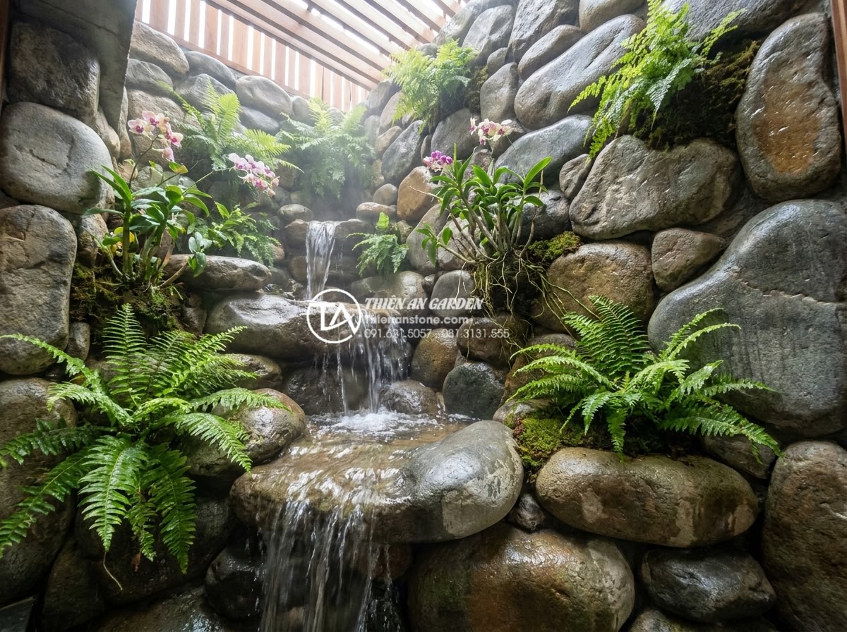 Tiểu Cảnh Vách Tường - Hình 7 Tiểu Cảnh Vách Tường - Ultra realistic photography of a natural waterfall stone wall feature in a Vietn