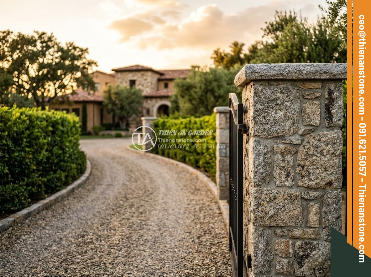 Trụ Đá Hàng Rào - Hình 1 Trụ Đá Hàng Rào - Ultra realistic architectural photography of natural stone fence pillars along a