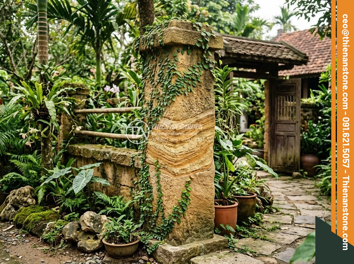 Trụ Đá Hàng Rào - Hình 10 Trụ Đá Hàng Rào - Sandstone fence pillar with natural layered sediment texture, warm yellow-brown