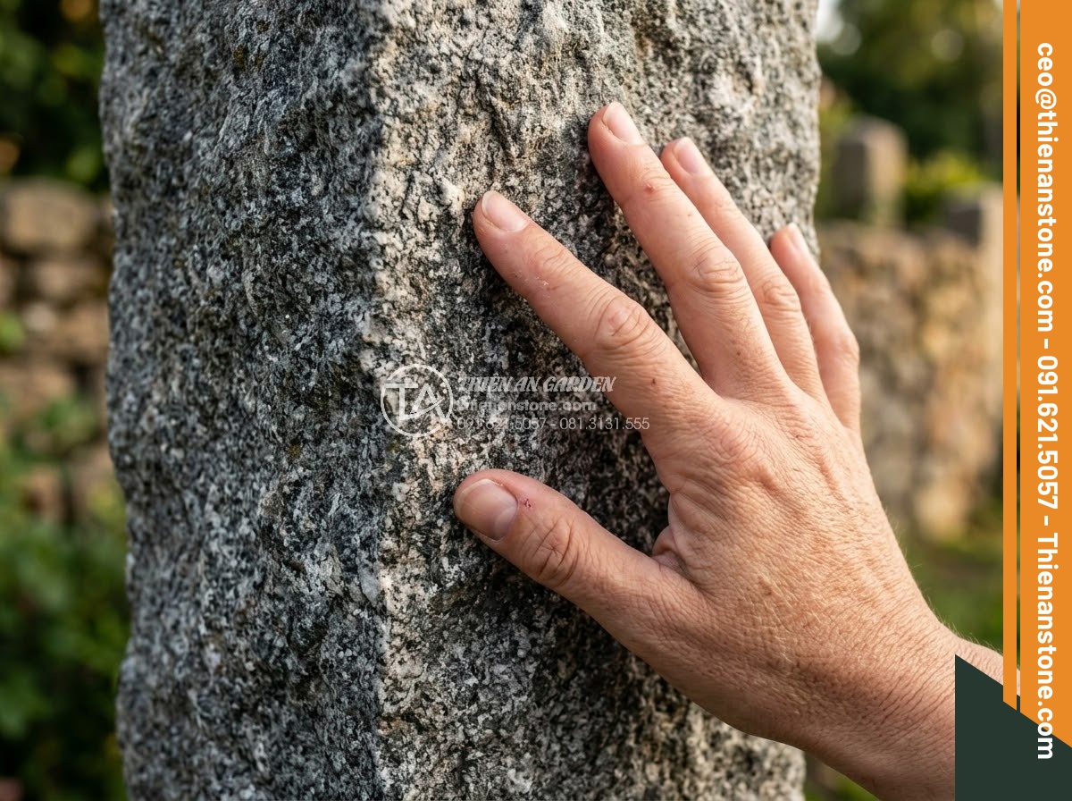 Trụ Đá Hàng Rào - Hình 15 Trụ Đá Hàng Rào - Hand touching natural stone fence pillar surface, close-up tactile experience sh