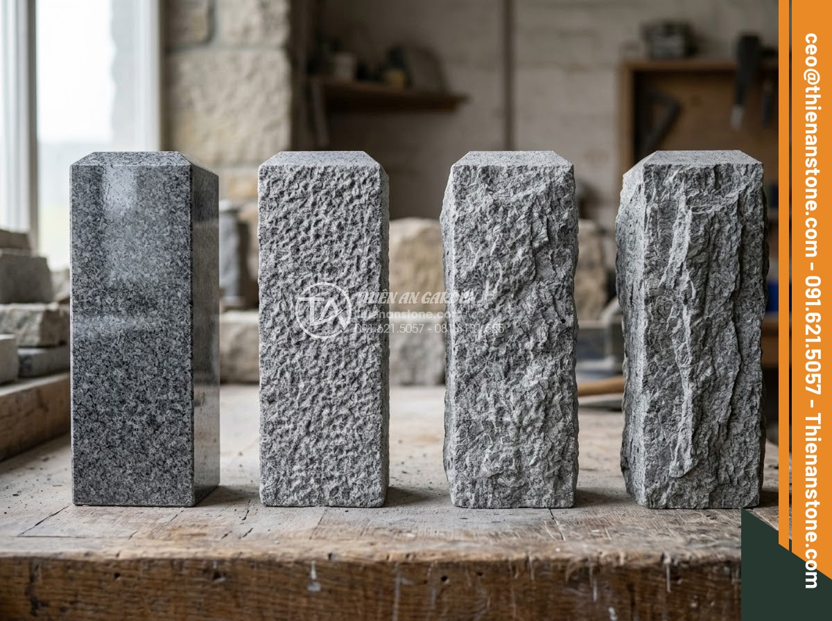 Trụ Đá Hàng Rào - Hình 16 Trụ Đá Hàng Rào - Comparison of different stone surface finishes on fence pillar samples, polished