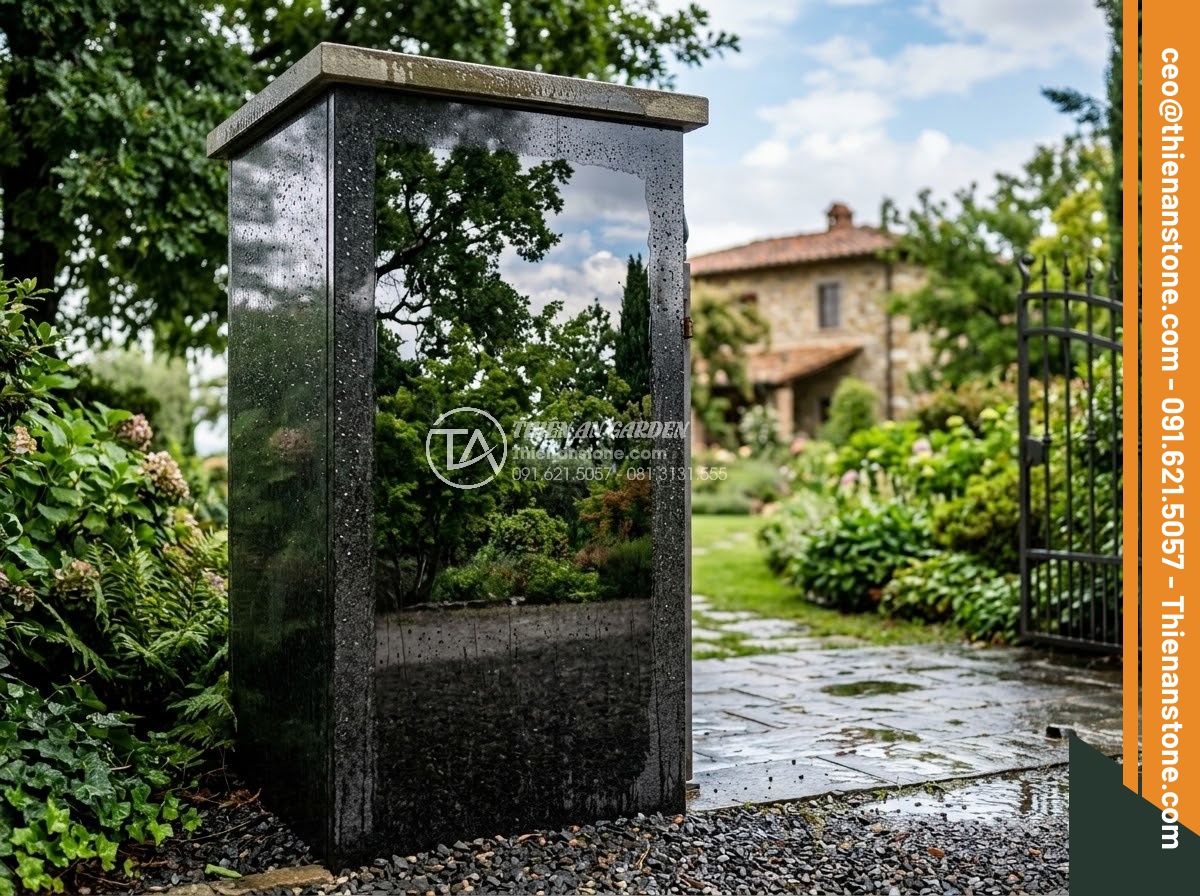 Trụ Đá Hàng Rào - Hình 17 Trụ Đá Hàng Rào - Polished black granite fence pillar reflecting garden trees and sky, ultra reali