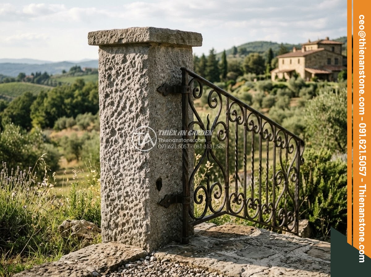 Trụ Đá Hàng Rào - Hình 18 Trụ Đá Hàng Rào - Bush hammered granite fence pillar with wrought iron railing, textured stone sur