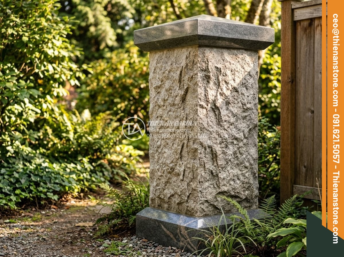 Trụ Đá Hàng Rào - Hình 20 Trụ Đá Hàng Rào - Natural split face stone fence pillar with polished top and base, contrast betwe