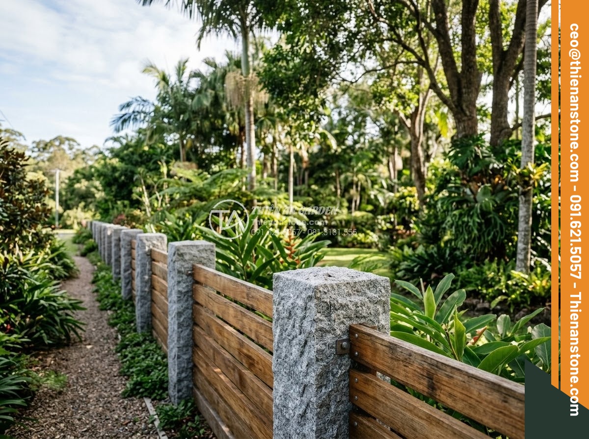 Trụ Đá Hàng Rào - Hình 23 Trụ Đá Hàng Rào - Natural stone fence pillars along a large garden property, bush hammered surface