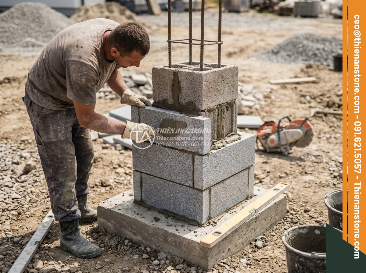Trụ Đá Hàng Rào - Hình 29 Trụ Đá Hàng Rào - Step by step construction of stone fence pillar, showing foundation base steel r