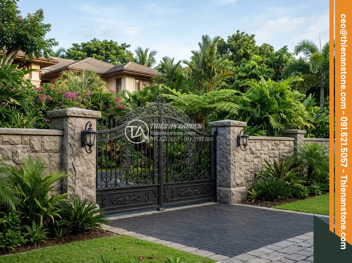 Trụ Đá Hàng Rào - Hình 3 Trụ Đá Hàng Rào - Wide angle shot of a completed stone fence with natural stone pillars and iron g