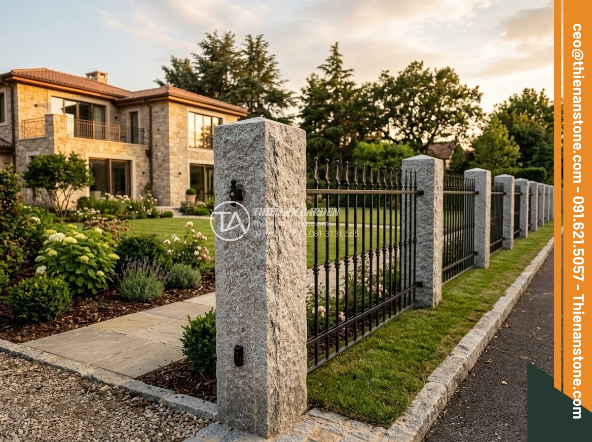 Trụ Đá Hàng Rào - Hình 30 Trụ Đá Hàng Rào - Completed stone fence pillar installation along villa property, perfect alignmen