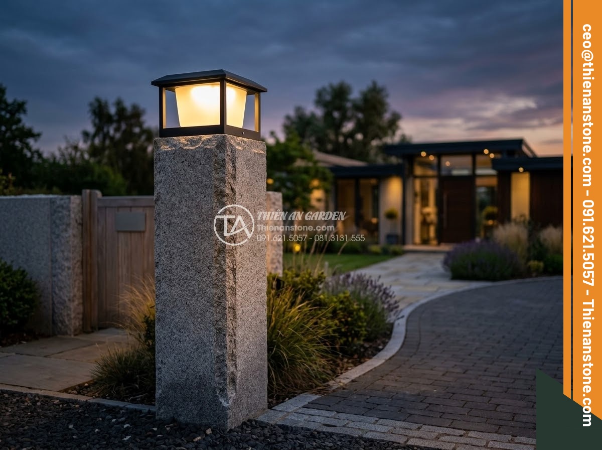 Trụ Đá Hàng Rào - Hình 32 Trụ Đá Hàng Rào - Stone fence pillar with integrated solar LED cap light, glowing at dusk, modern