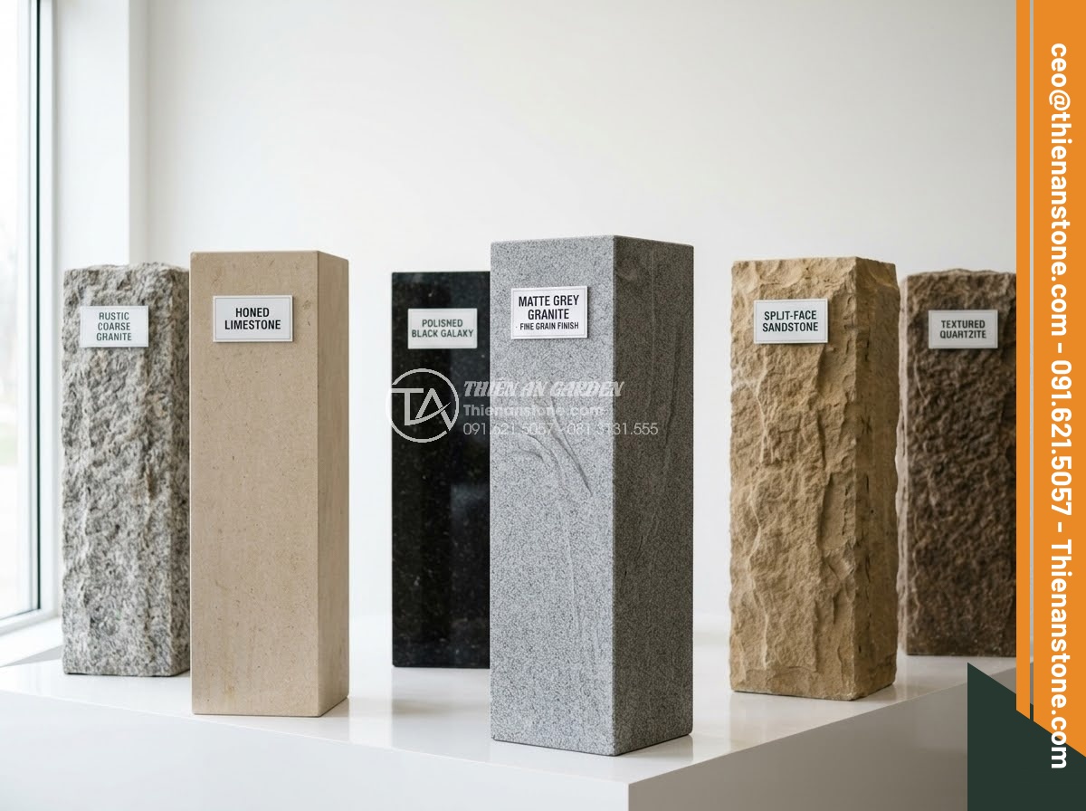 Trụ Đá Hàng Rào - Hình 34 Trụ Đá Hàng Rào - Natural stone fence pillar showroom display with variety of stone types and fini