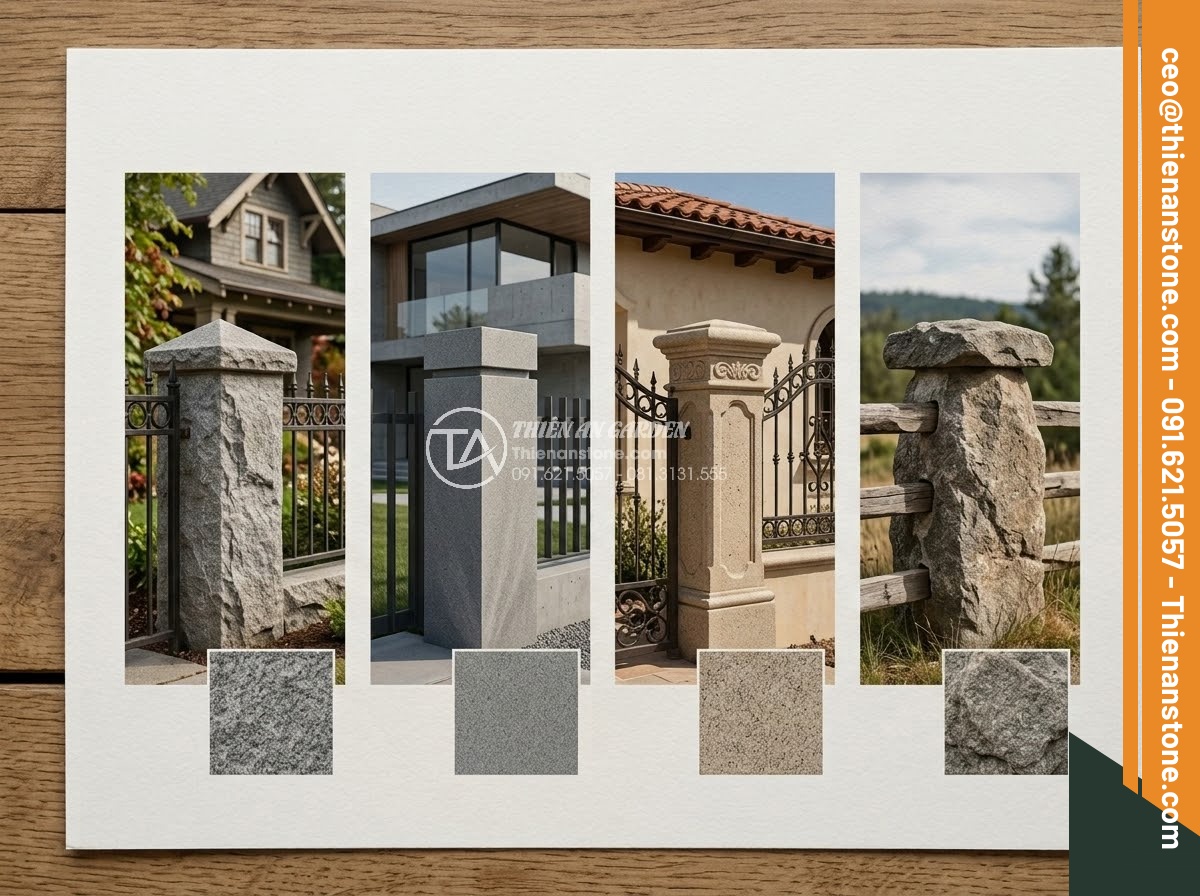 Trụ Đá Hàng Rào - Hình 36 Trụ Đá Hàng Rào - Design mood board showing stone fence pillar selection matching different archit
