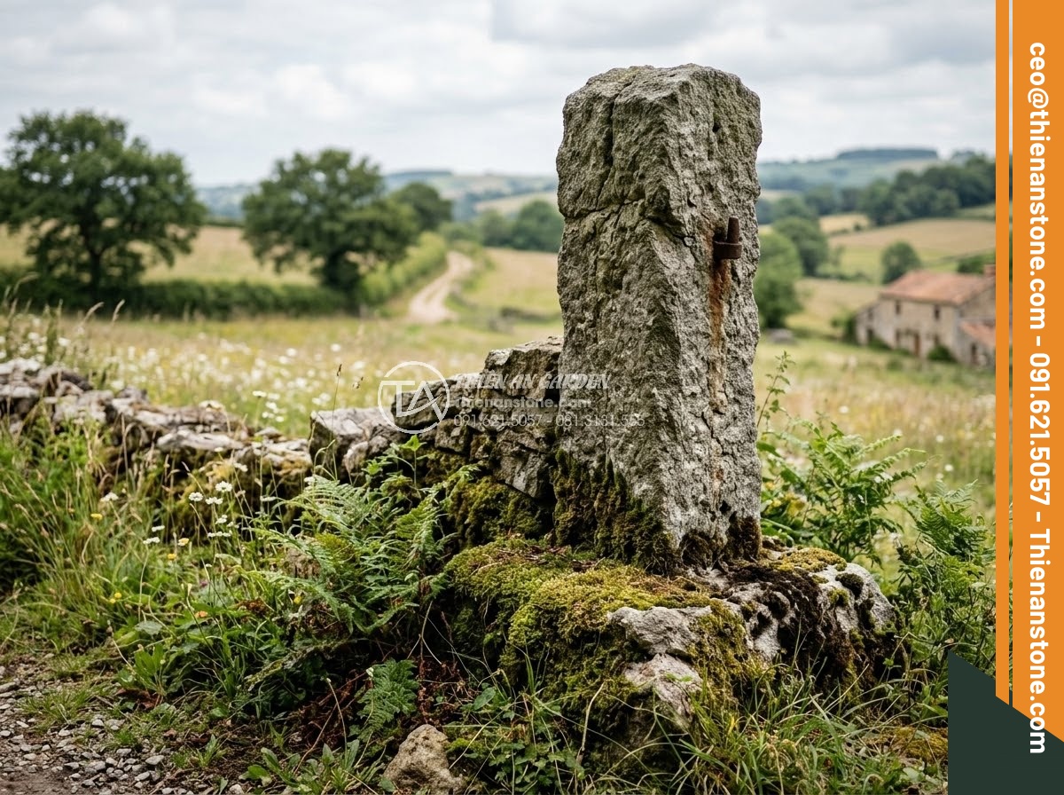 Trụ Đá Hàng Rào - Hình 4 Trụ Đá Hàng Rào - Ultra realistic photo of aged natural stone fence pillar still standing strong a