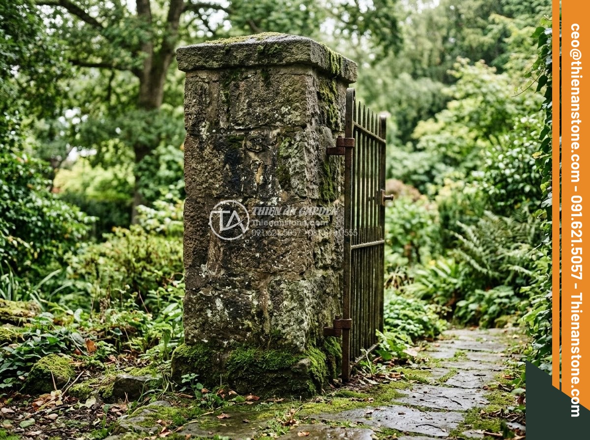 Trụ Đá Hàng Rào - Hình 40 Trụ Đá Hàng Rào - Aged natural stone fence pillar with beautiful patina, slight moss at base, weat
