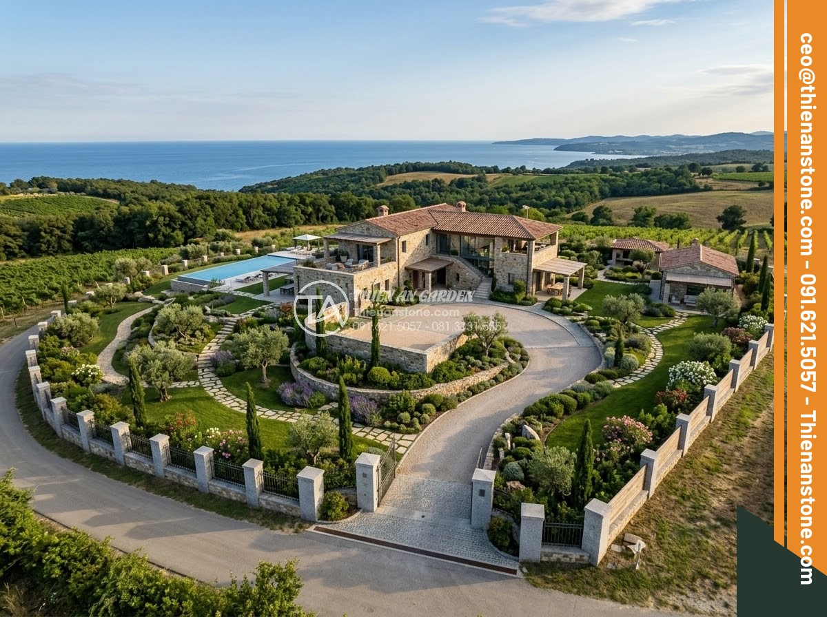 Trụ Đá Hàng Rào - Hình 41 Trụ Đá Hàng Rào - Aerial view of a luxury villa property showing stone fence pillars integrated wi
