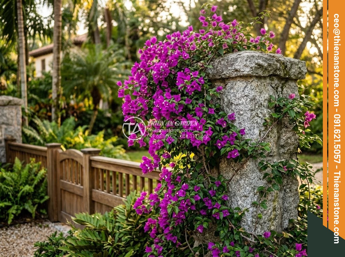 Trụ Đá Hàng Rào - Hình 42 Trụ Đá Hàng Rào - Stone fence pillar with bougainvillea flowers climbing, vibrant purple flowers a